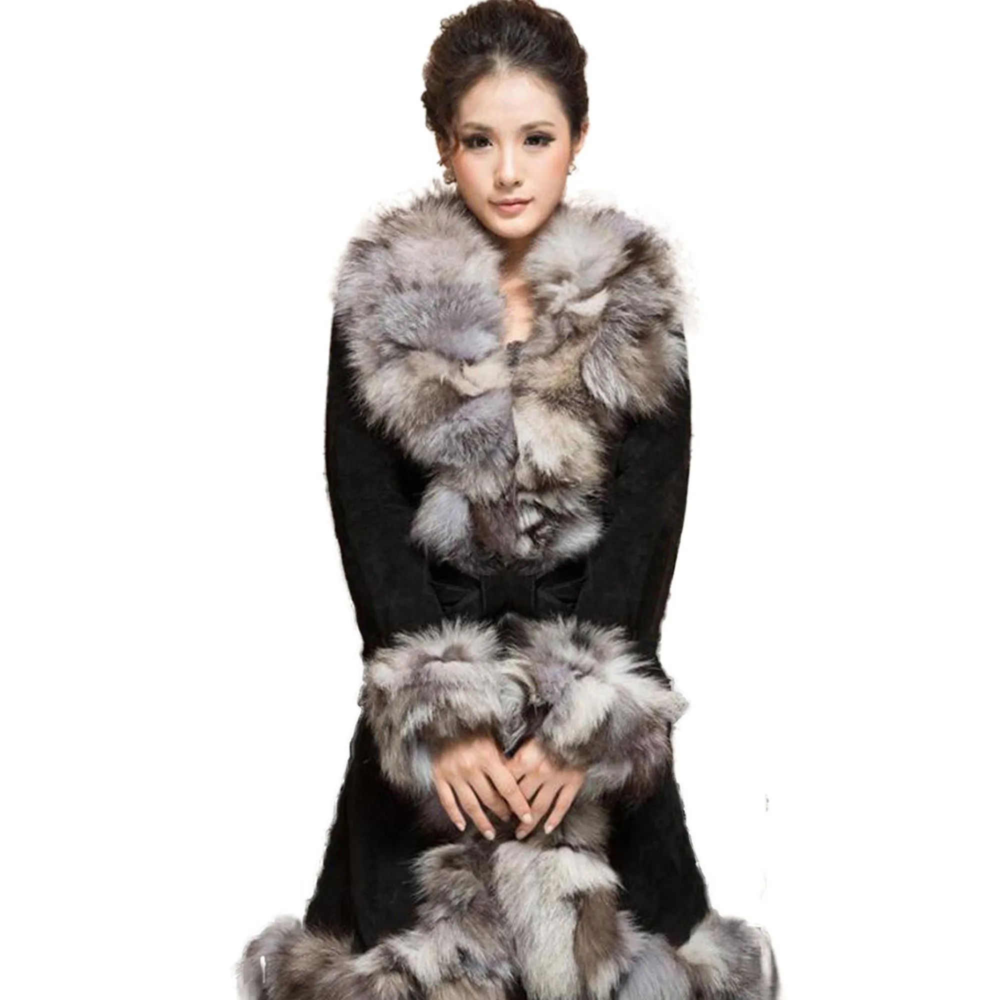 Genuine Leather Coat Pig Suede Leather Silver Fox Fur Collar  Jacket Outwear  010204