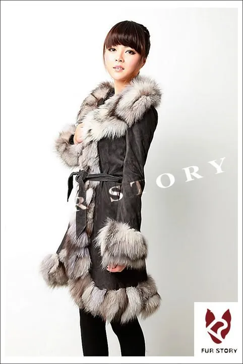 Genuine Leather Coat Pig Suede Leather Silver Fox Fur Collar  Jacket Outwear  010204