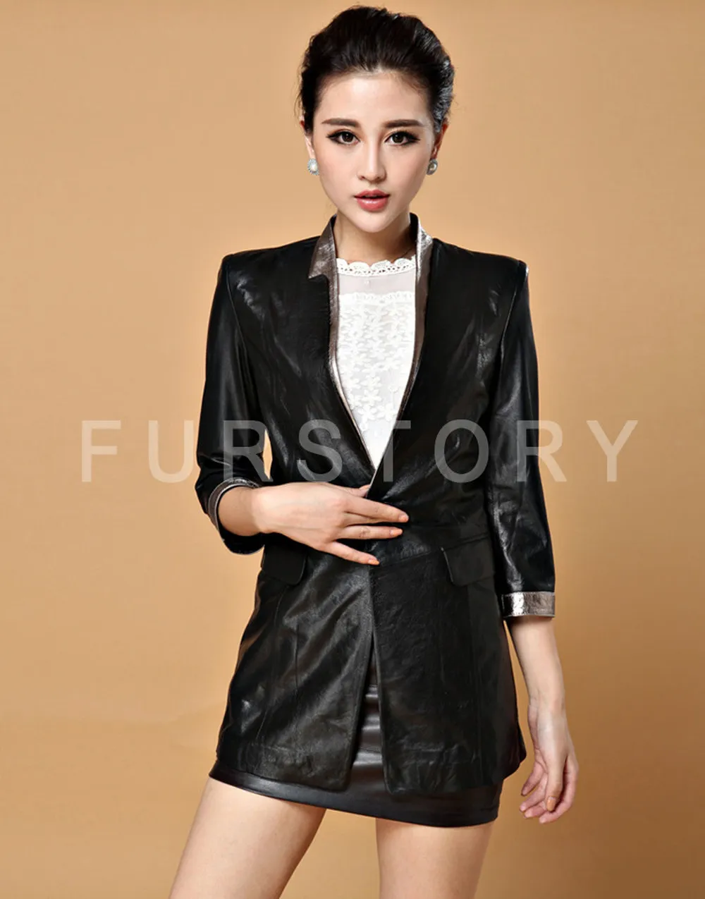 Genuine Sheep Leather Jacket Long Office Suit Formal Formal Outer Coat Ladies' Dress 14106