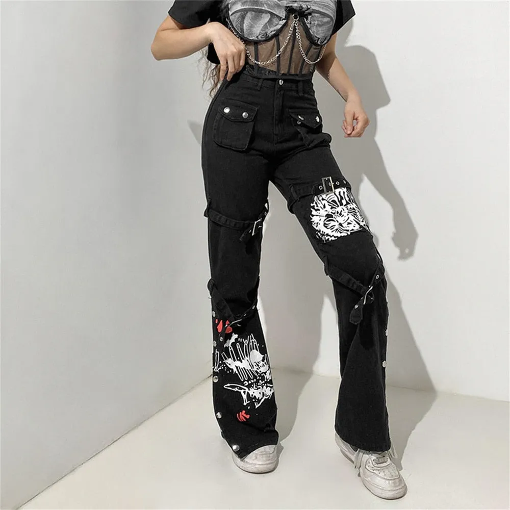 Gothic Emo Alt Cargo Pants Techwear Hippie Baggy Jeans Mom Goth Punk Black Denim Trousers