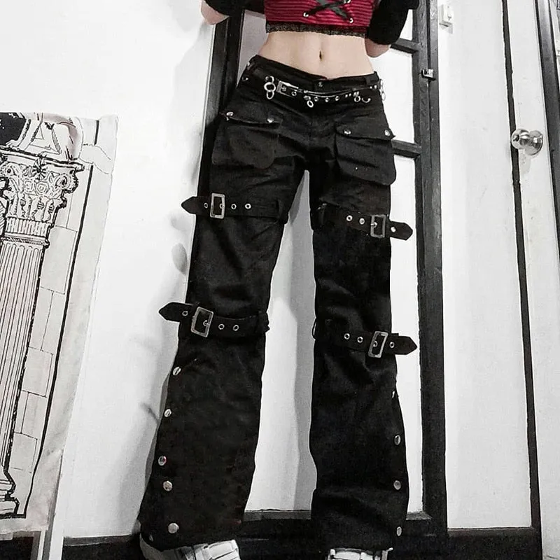 Gothic Emo Alt Cargo Pants Techwear Hippie Baggy Jeans Mom Goth Punk Black Denim Trousers