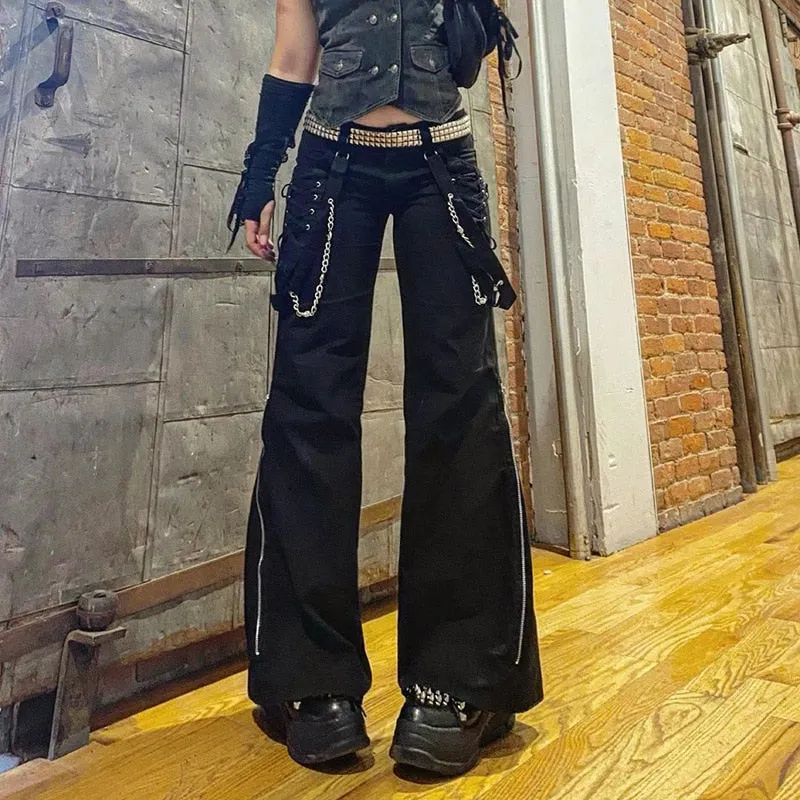 Gothic Emo Alt Cargo Pants Techwear Hippie Baggy Jeans Mom Goth Punk Black Denim Trousers