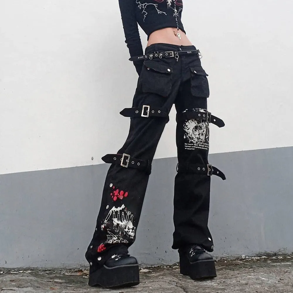 Gothic Emo Alt Cargo Pants Techwear Hippie Baggy Jeans Mom Goth Punk Black Denim Trousers