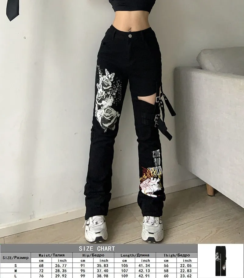 Gothic Emo Alt Cargo Pants Techwear Hippie Baggy Jeans Mom Goth Punk Black Denim Trousers