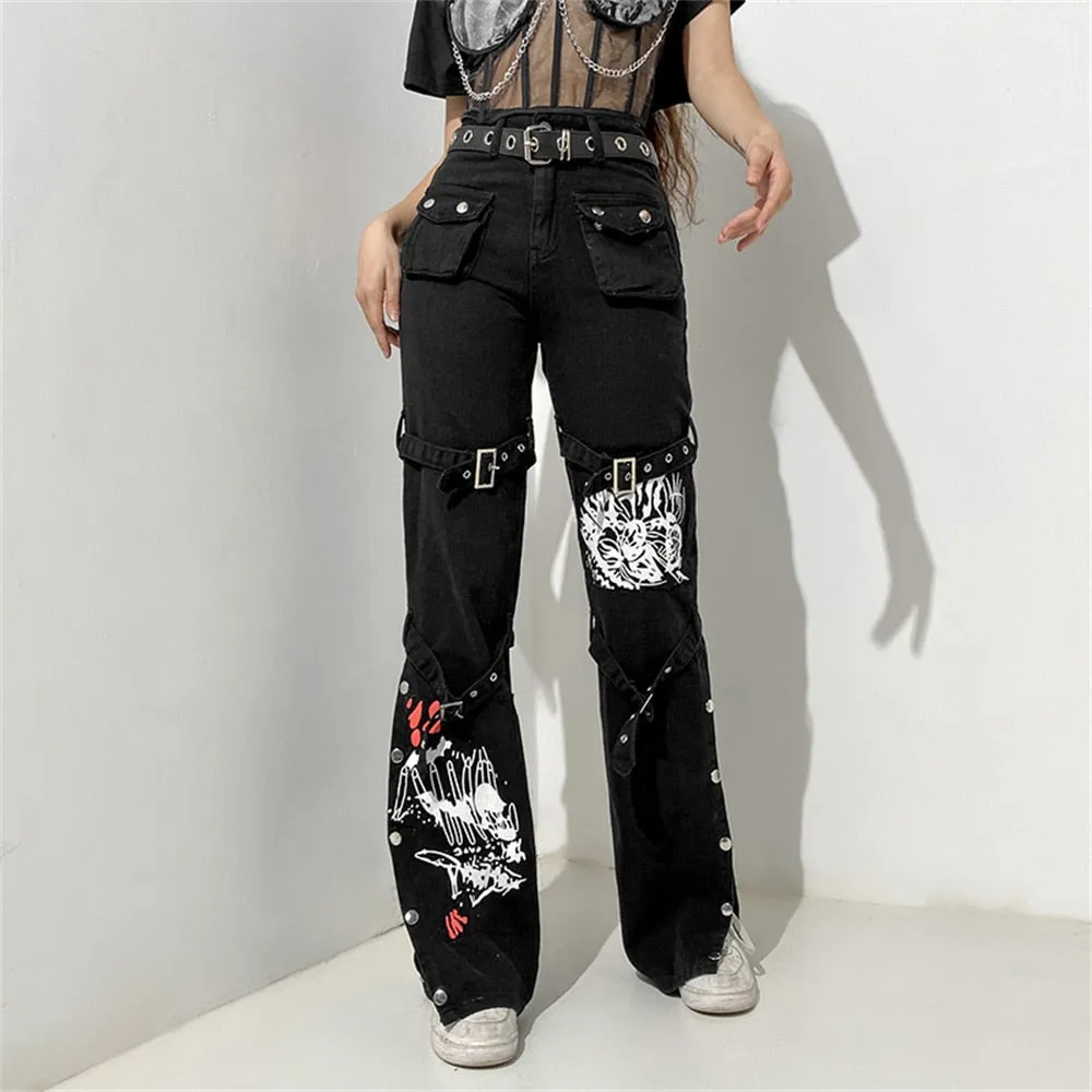 Gothic Emo Alt Cargo Pants Techwear Hippie Baggy Jeans Mom Goth Punk Black Denim Trousers