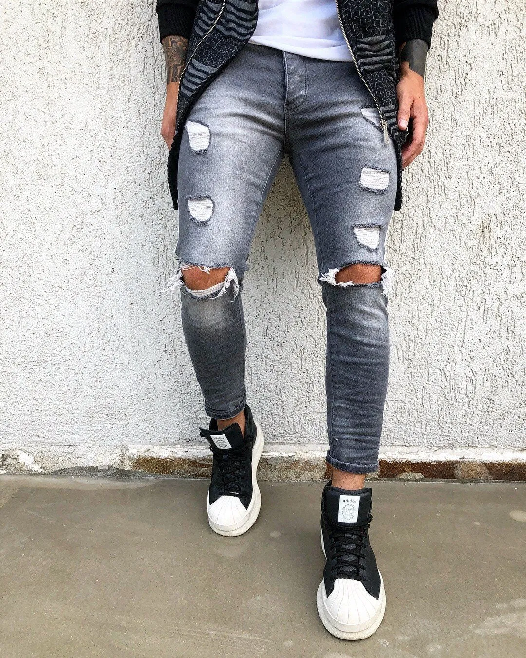 Gray Washed Side Striped Skinny Fit Denim B275 Streetwear Jeans