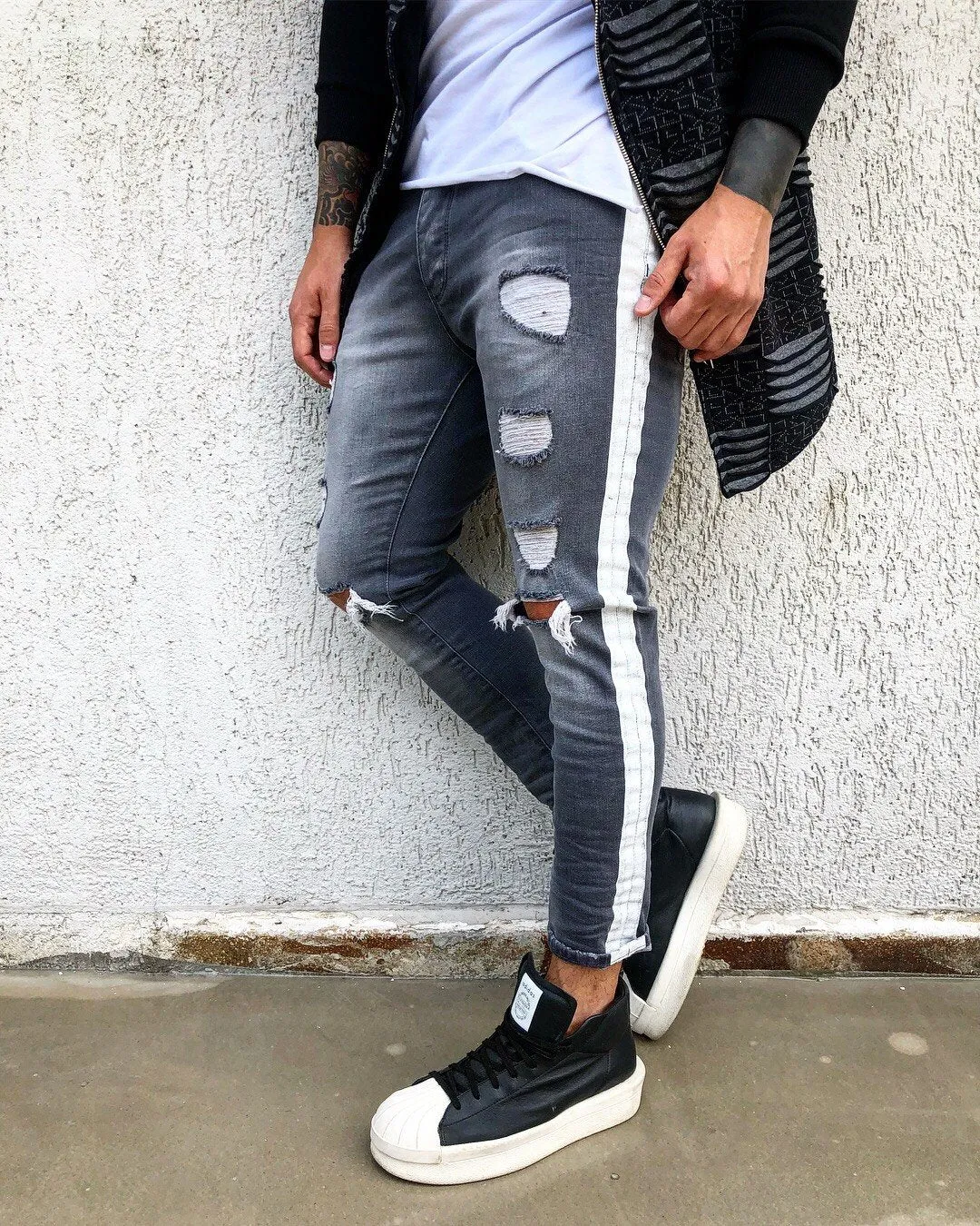 Gray Washed Side Striped Skinny Fit Denim B275 Streetwear Jeans