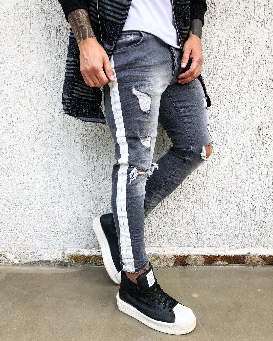 Gray Washed Side Striped Skinny Fit Denim B275 Streetwear Jeans