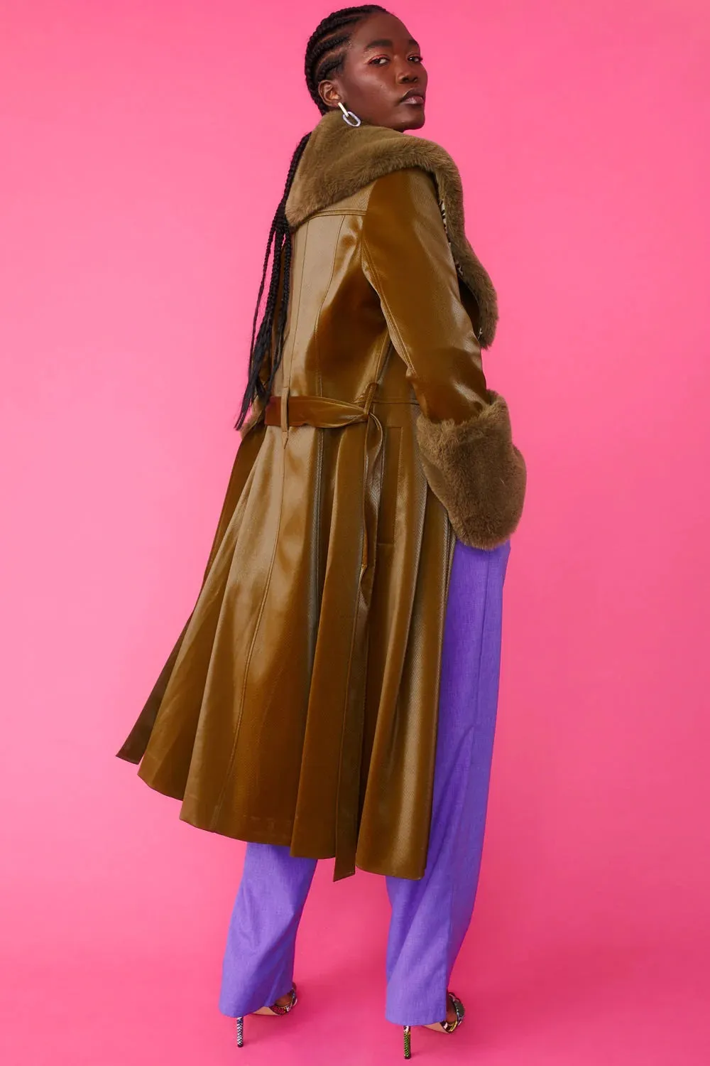 Green Faux Leather Trench Coat with Faux Fur Collar and Cuffs