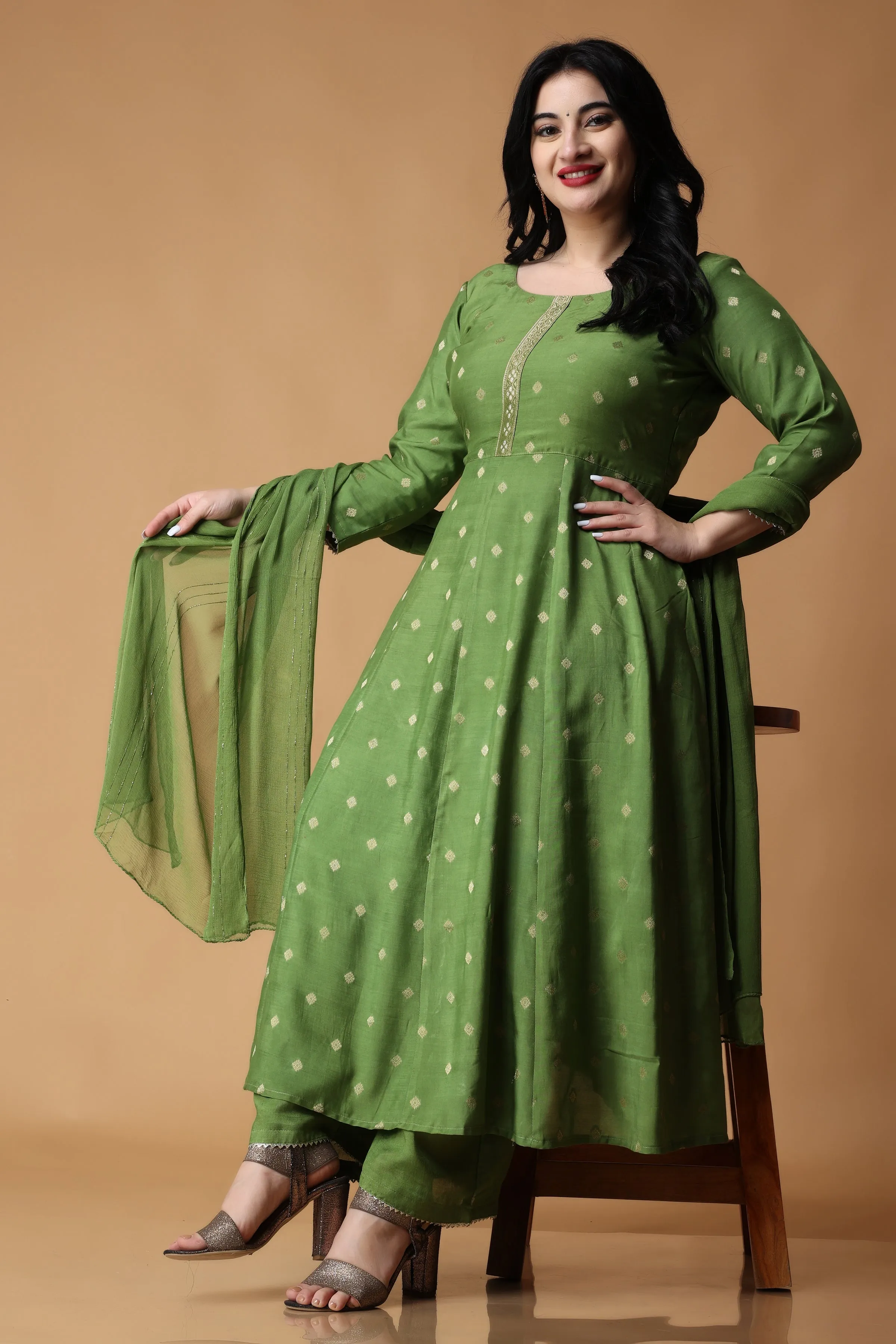 Greeny Melody Silk Anarkali Suit