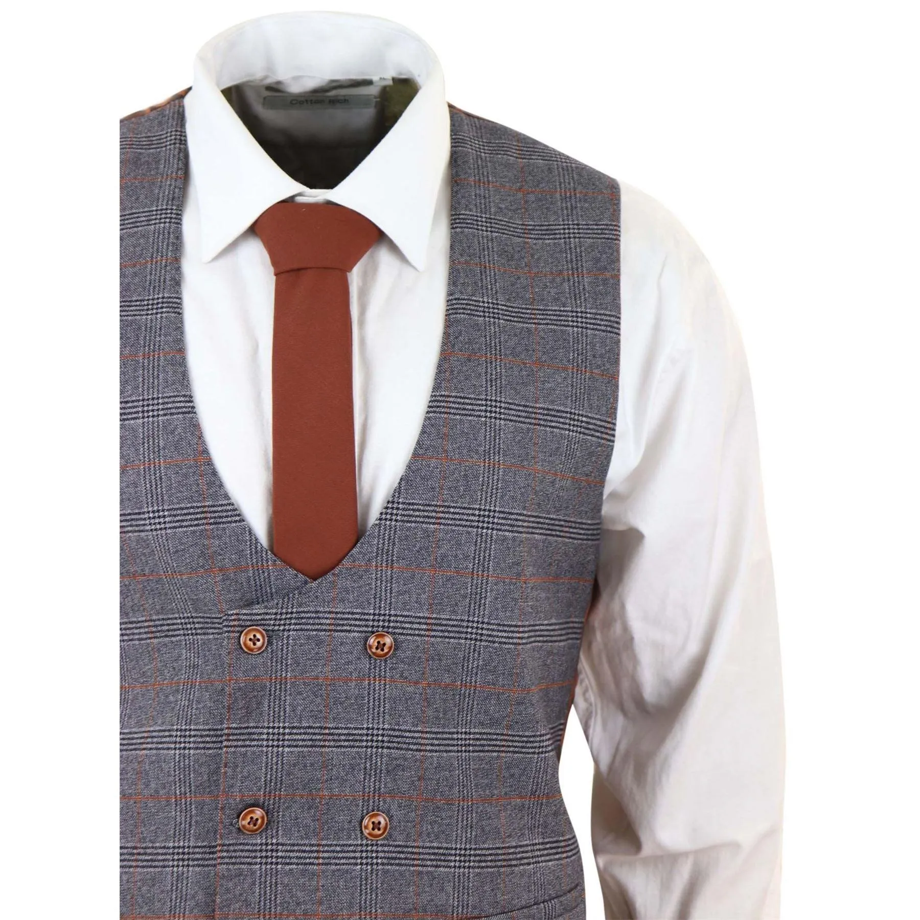 Grey Tweed 3 Piece Suit Prince Of Wales Check Slim Fit Double Breast Waistcoat