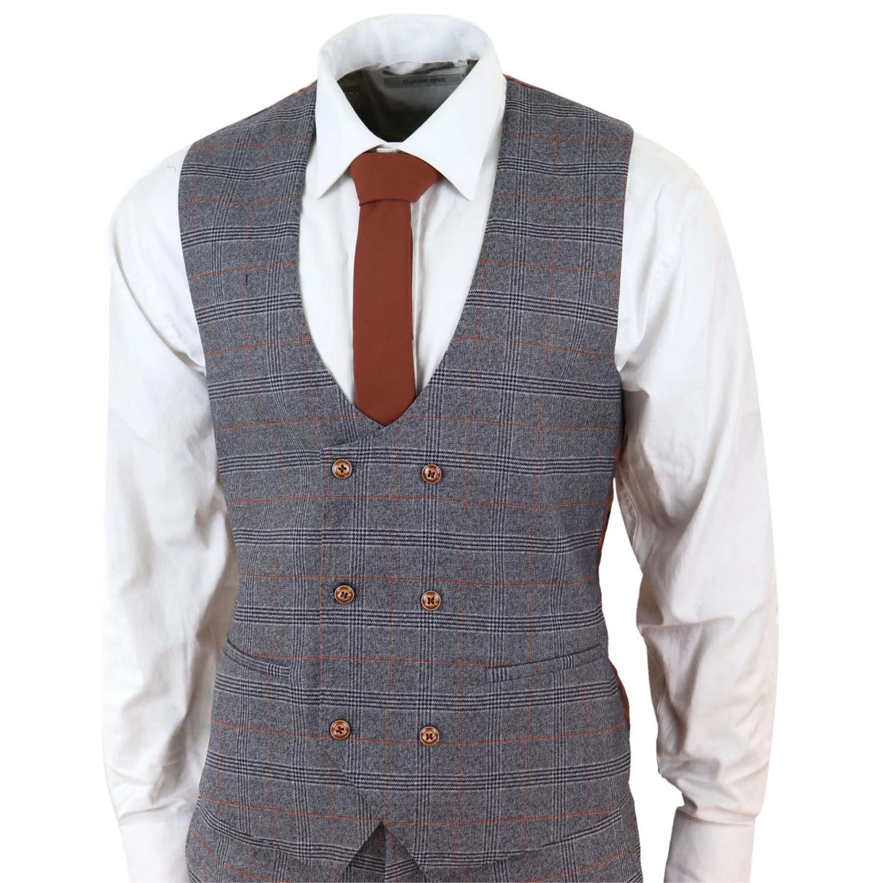 Grey Tweed 3 Piece Suit Prince Of Wales Check Slim Fit Double Breast Waistcoat