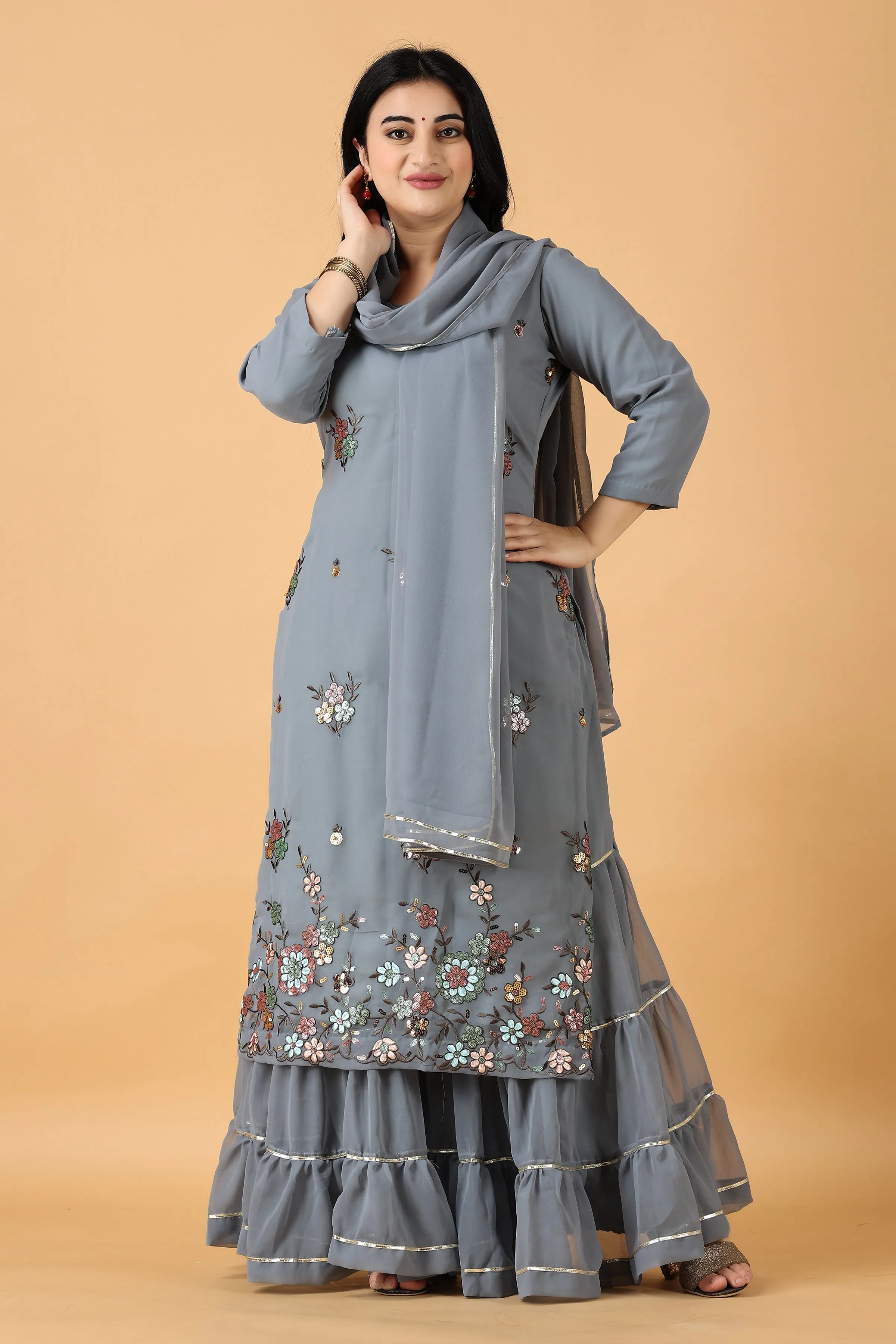 Grizzle Grey Sharara Suit With Sequin Work