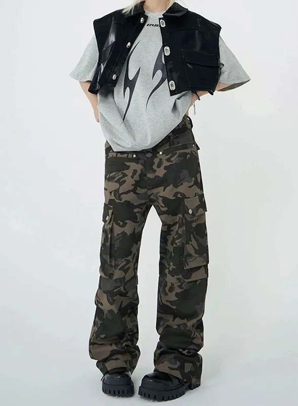 High Waist Camo Cargo Pants with Pockets