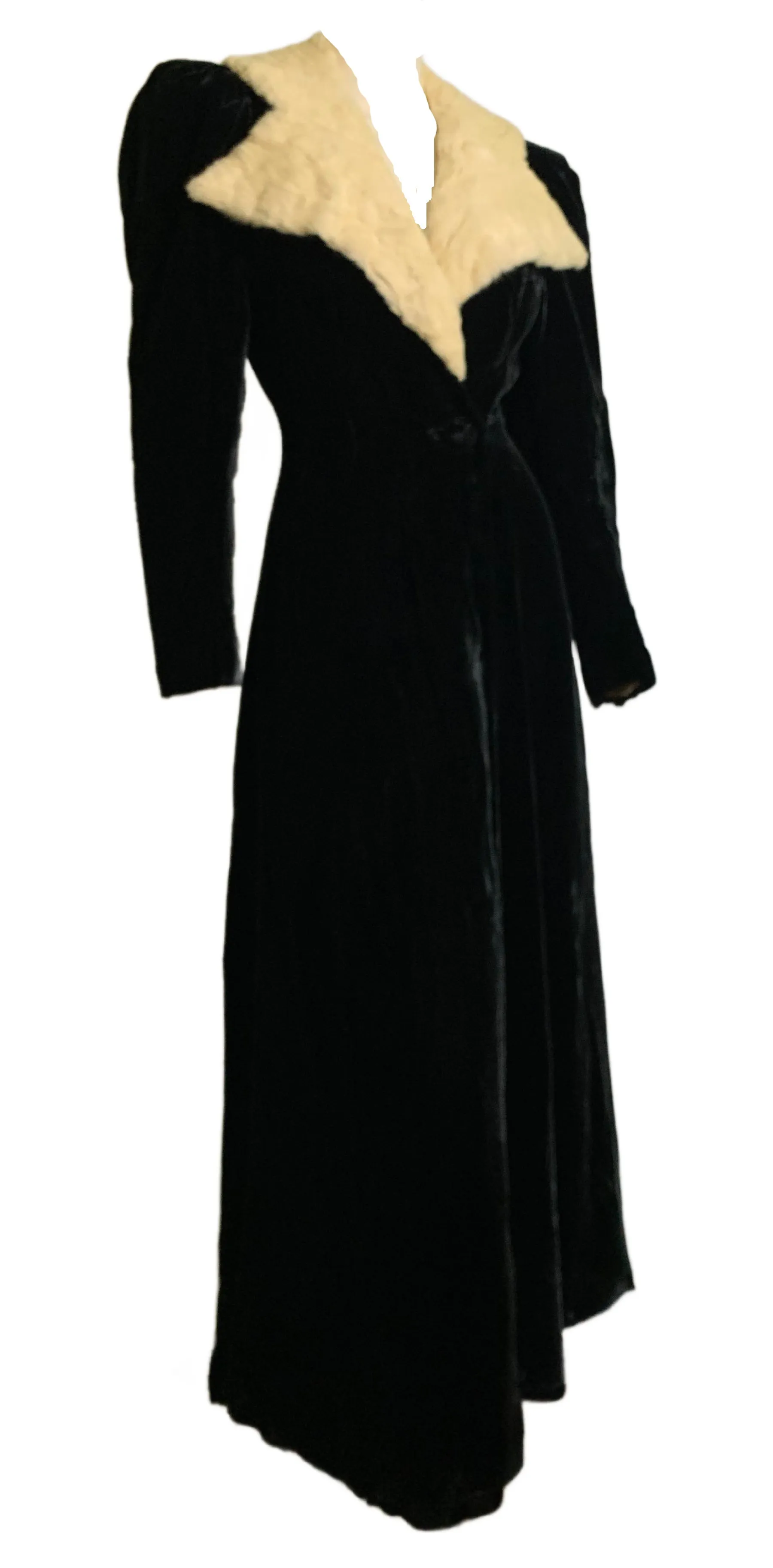 Iconic Black Velvet Princess Line Opera Coat with Ermine Collar circa 1930s