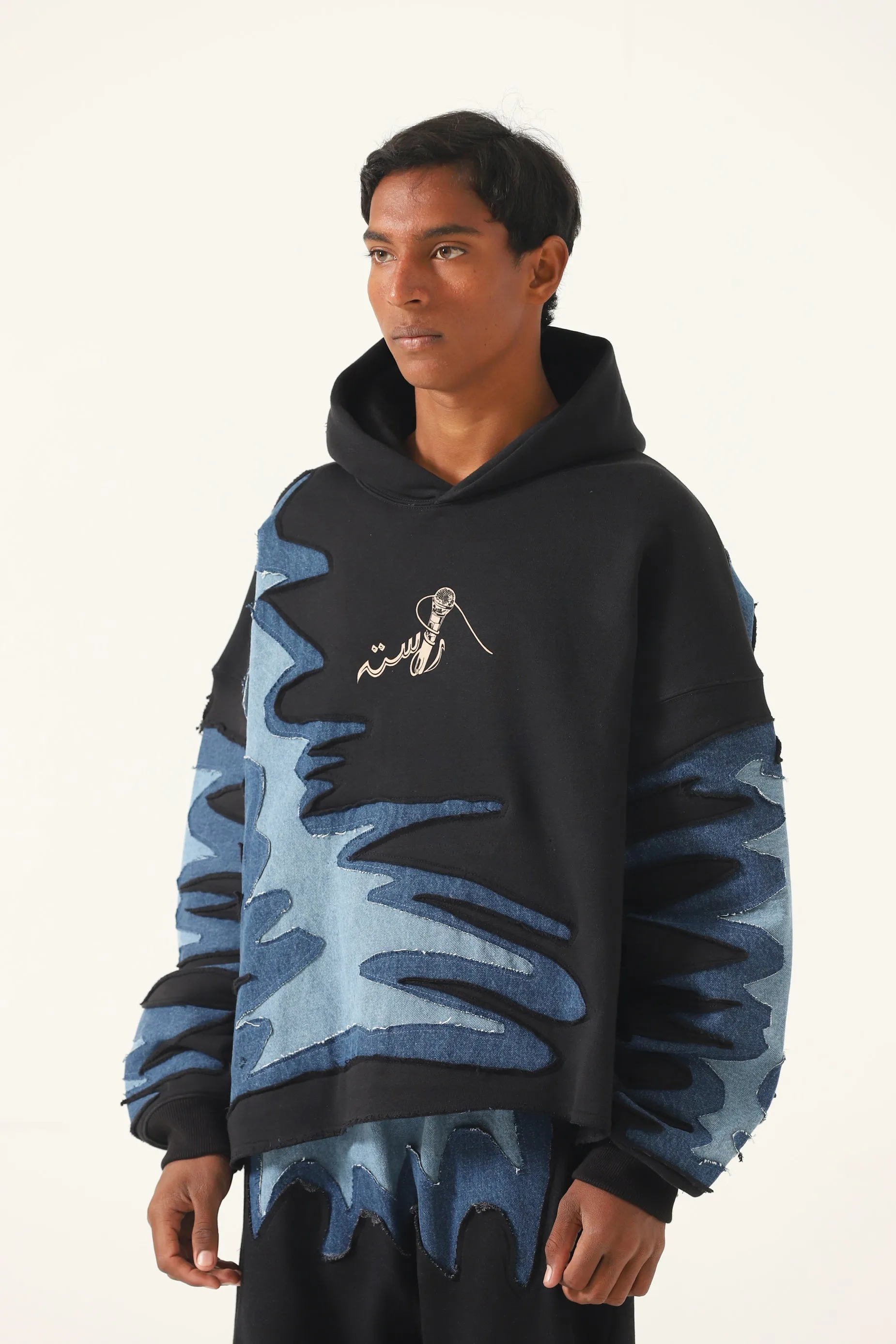 'INTERTWINE DENIM AND FLEECE HOODIE