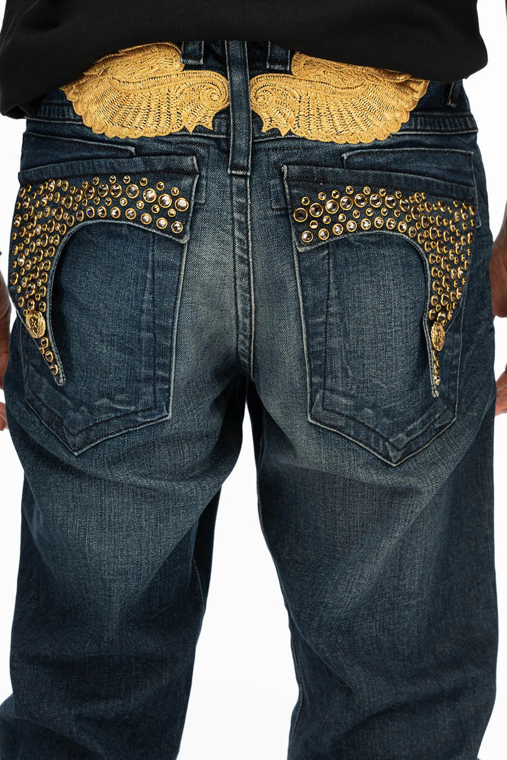 KILLER FLAP MENS SKINNY JEANS IN DARK BLUE WITH GOLD WINGS AND FULL CRYSTAL