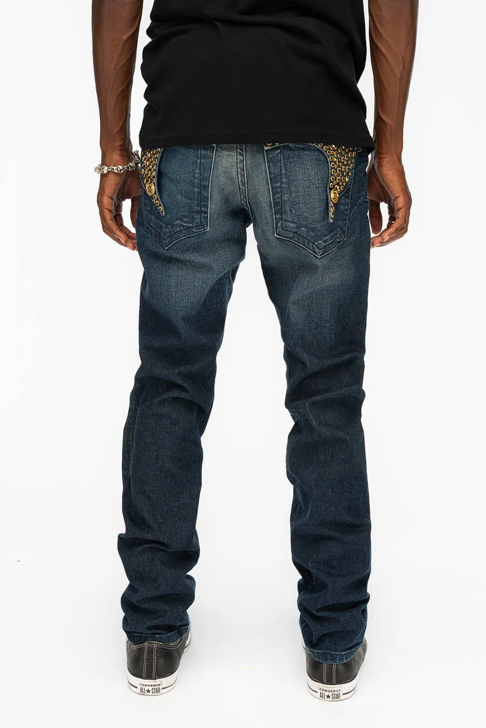 KILLER FLAP MENS SKINNY JEANS IN DARK BLUE WITH GOLD WINGS AND FULL CRYSTAL