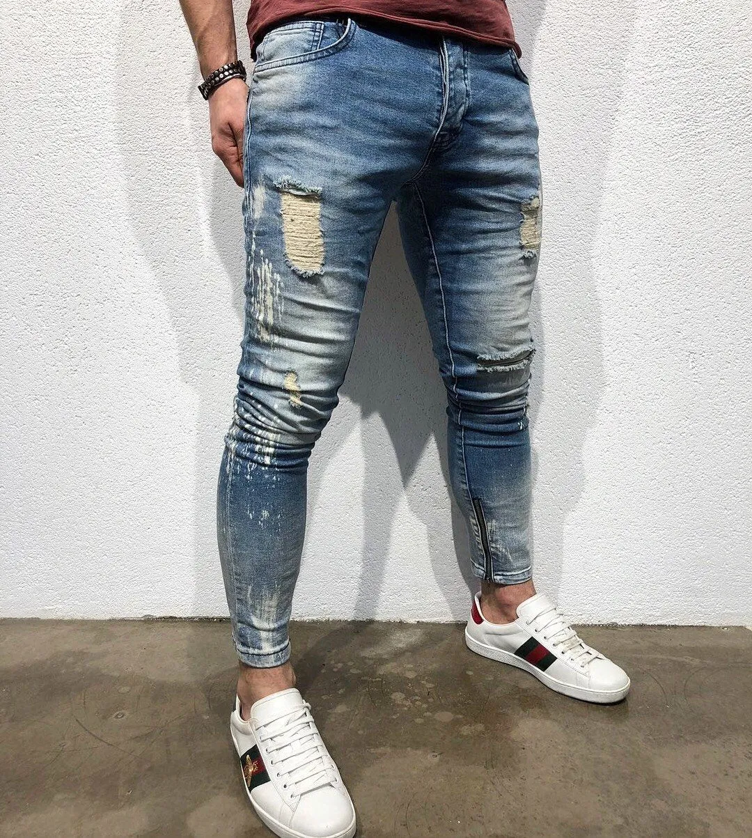 Light Blue Destroyed Ankle Zip Slim Fit Denim B120 Streetwear Denim Jeans