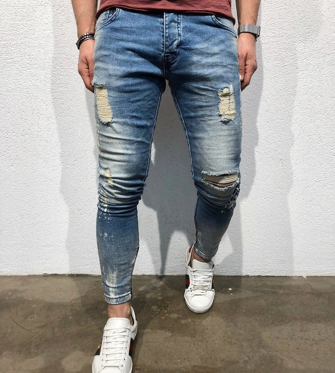 Light Blue Destroyed Ankle Zip Slim Fit Denim B120 Streetwear Denim Jeans