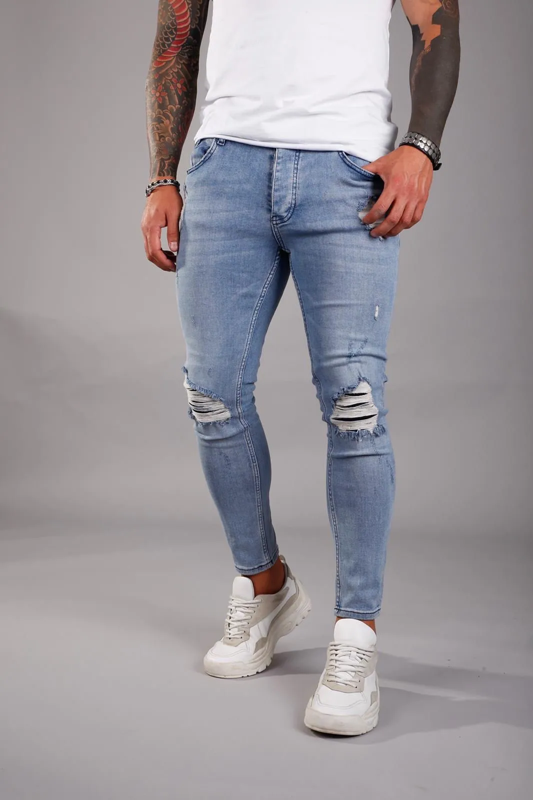 Light Blue Ripped Ultra Skinny Jeans BI-006 Streetwear Jeans