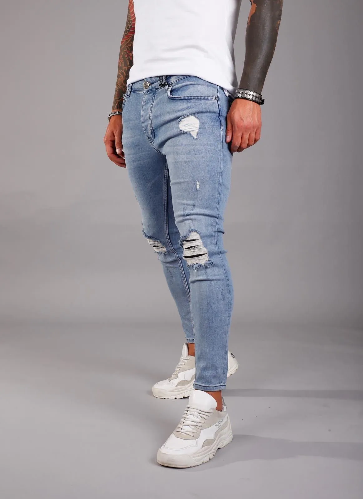 Light Blue Ripped Ultra Skinny Jeans BI-006 Streetwear Jeans