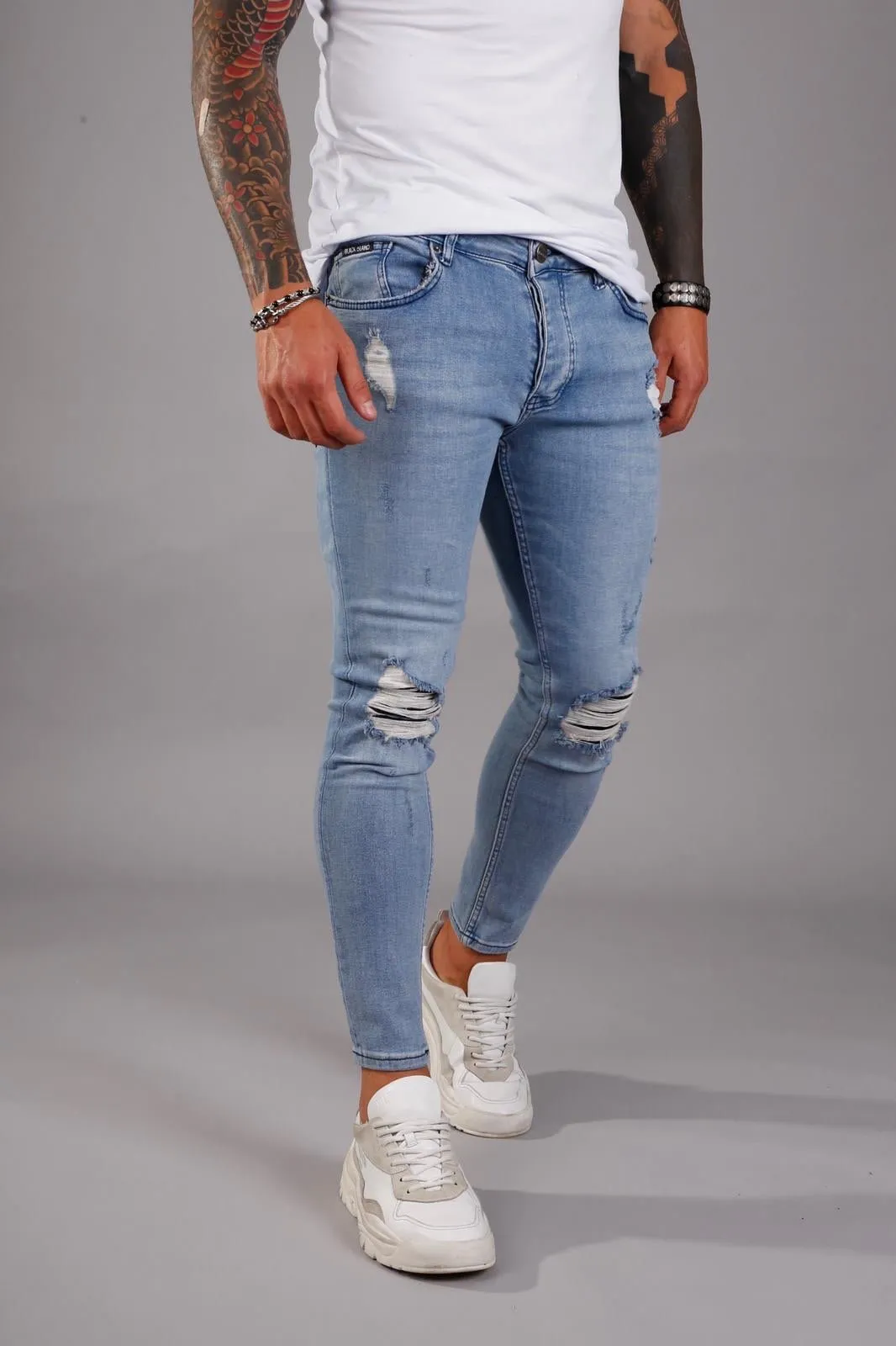 Light Blue Ripped Ultra Skinny Jeans BI-006 Streetwear Jeans