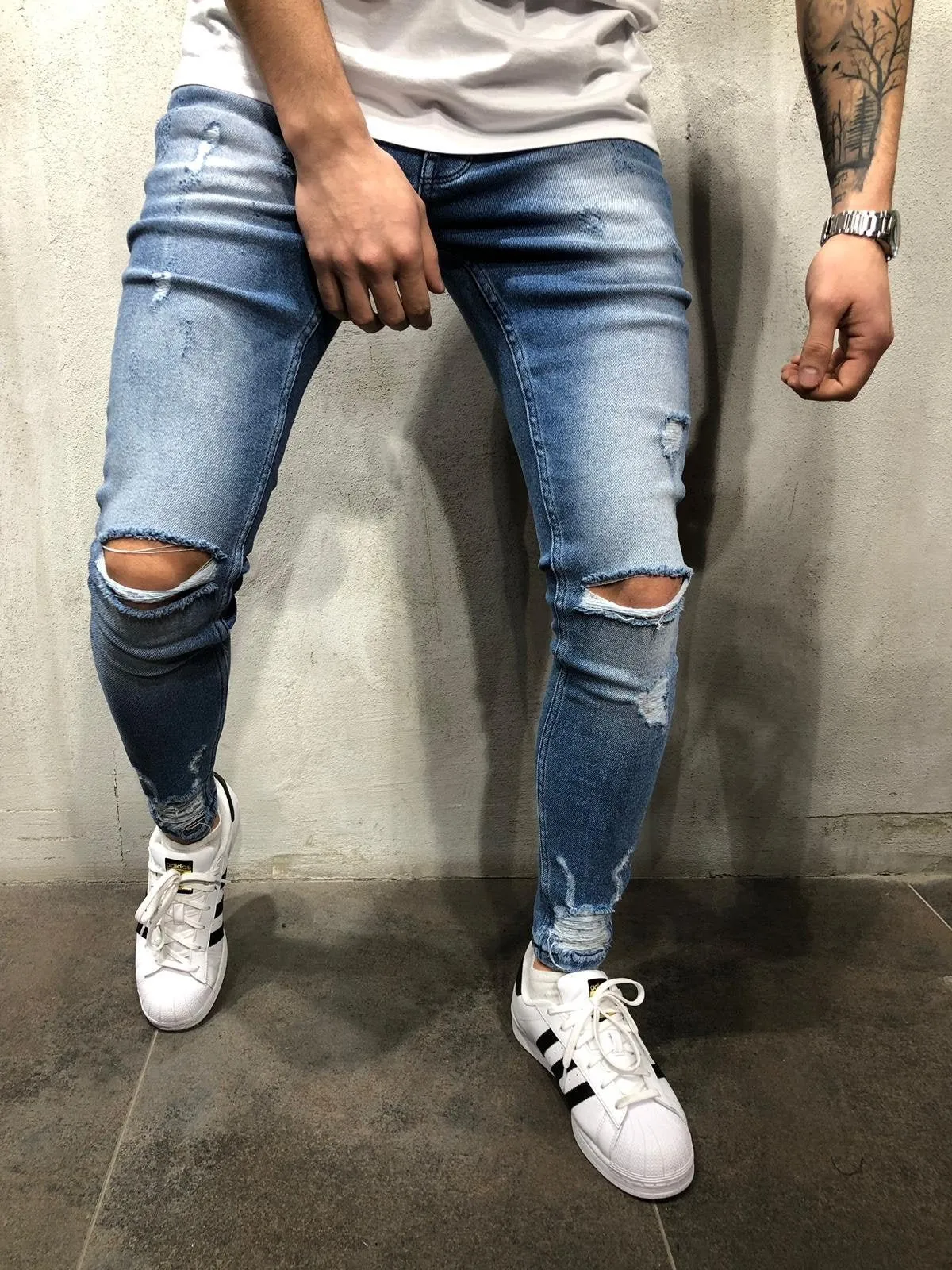 Light Blue Washed Ripped Ultra Skinny Fit Denim AY353 Streetwear Jeans