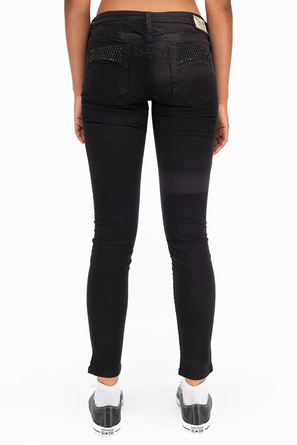 MARILYN LOW RISE WOMENS SKINNY JEANS IN BLACK WITH TONAL WINGS AND CRYSTALS