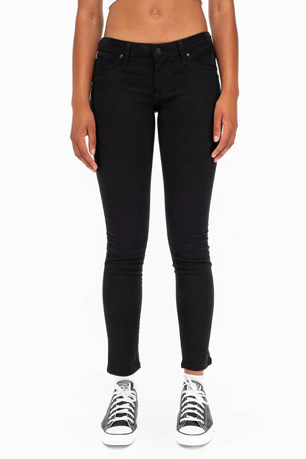 MARILYN LOW RISE WOMENS SKINNY JEANS IN BLACK WITH TONAL WINGS AND CRYSTALS