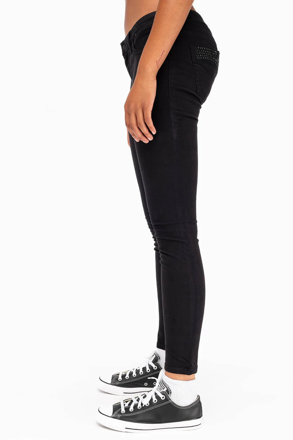 MARILYN LOW RISE WOMENS SKINNY JEANS IN BLACK WITH TONAL WINGS AND CRYSTALS