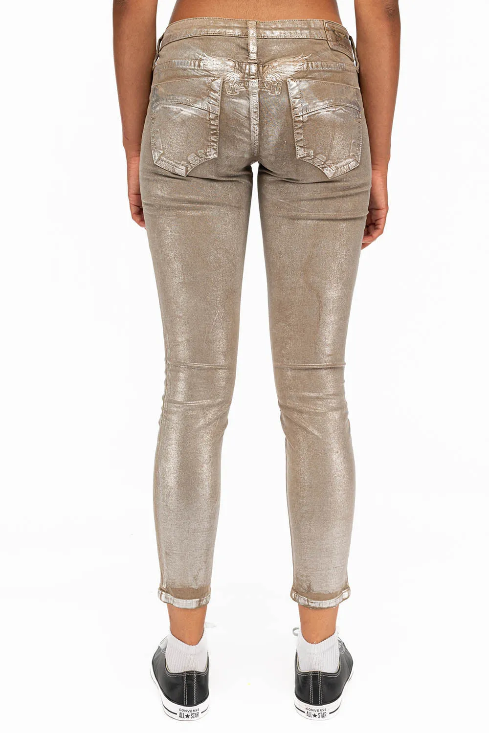 MARILYN LOW RISE WOMENS SKINNY JEANS IN KHAKI SILVER FOIL WASH WITH TONAL WINGS