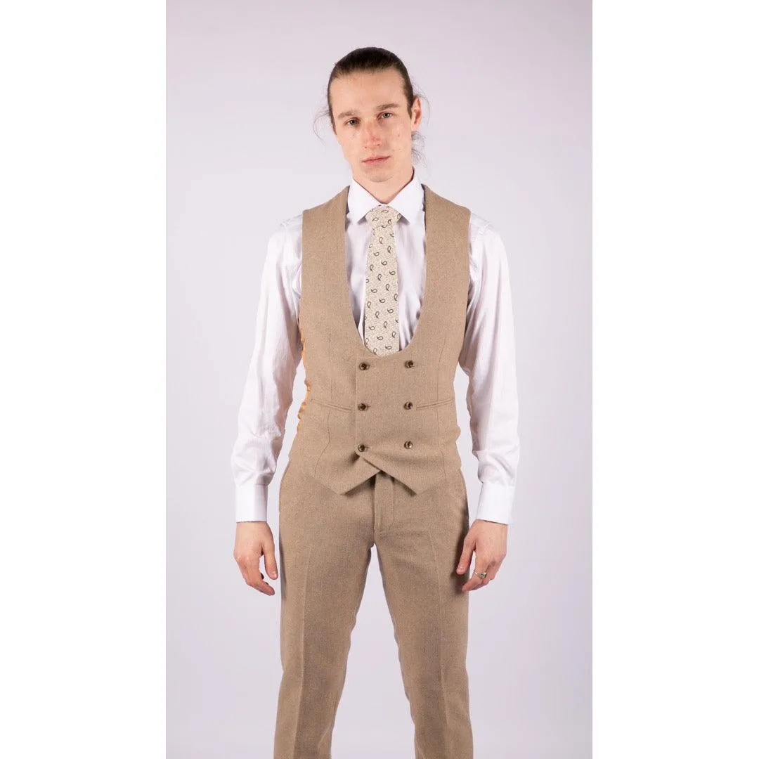 Men 3 Piece Suit Tan Brown Double Breasted