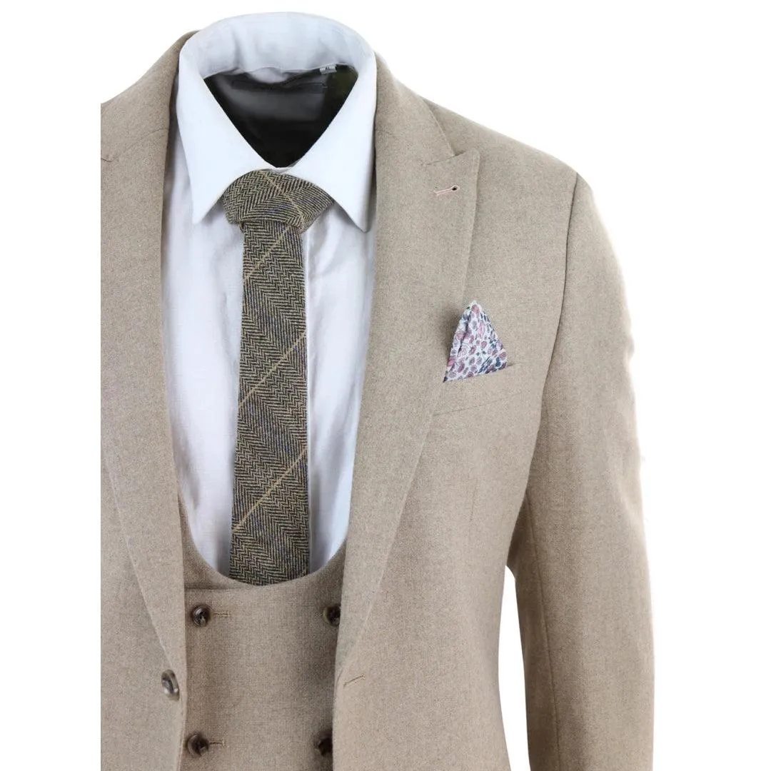 Men Tweed 3 Piece Suit Tan Oak Double Breasted Tailored Fit Wedding