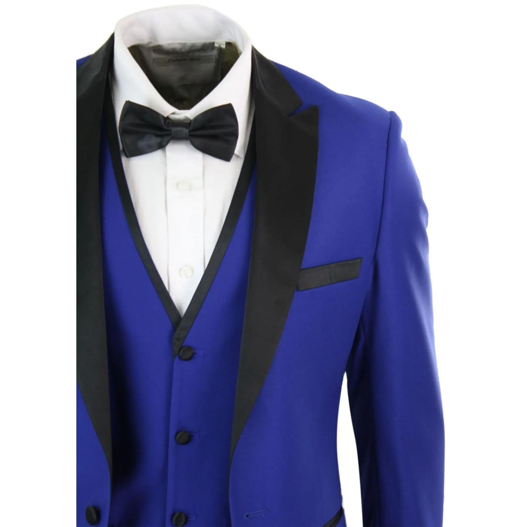 Mens 3 Piece Blue Black Satin Tuxedo Dinner Suit Tailored Fit Wedding Prom Groom