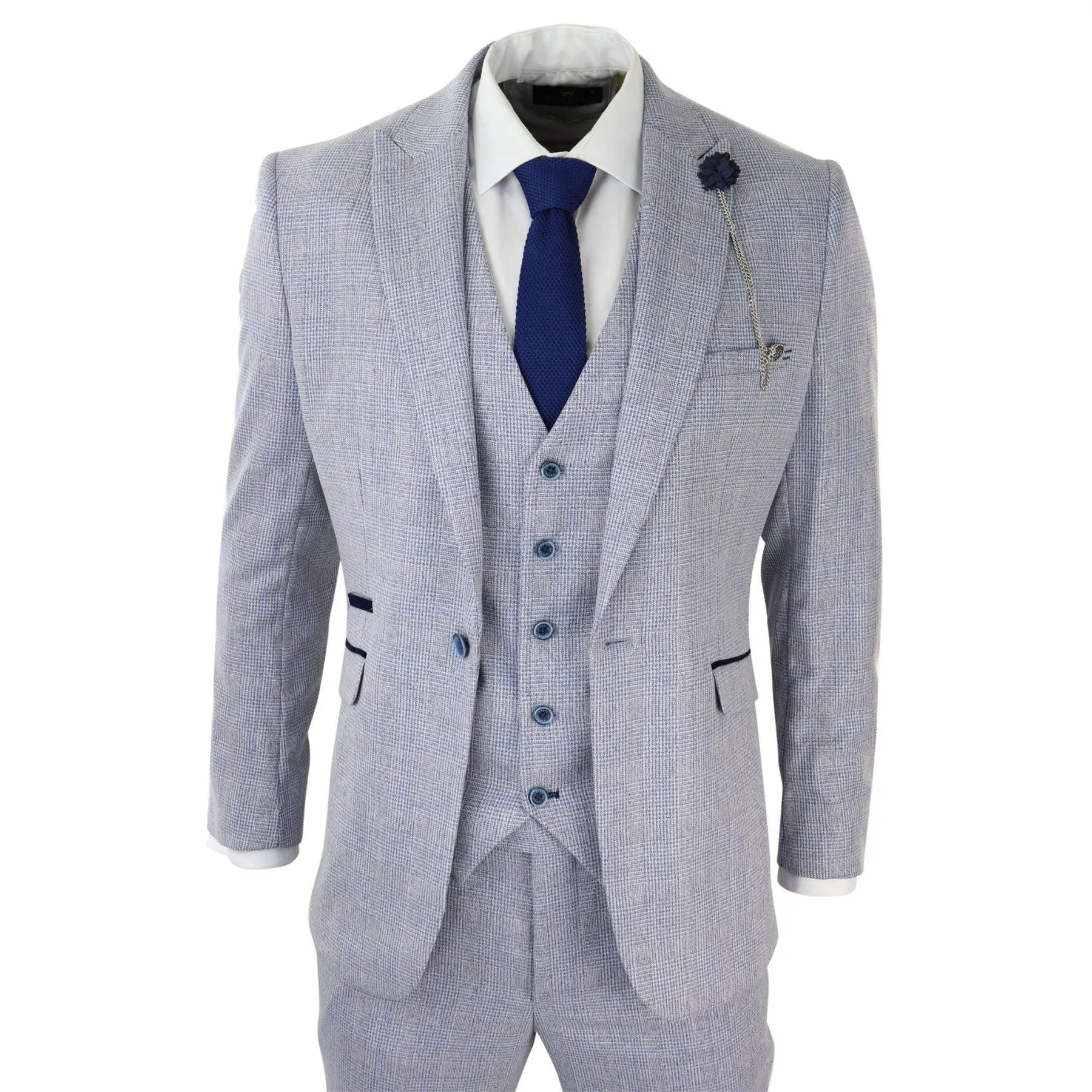 Mens 3 Piece Check Suit Tweed Light Blue Tailored Fit Wedding Peaky Classic