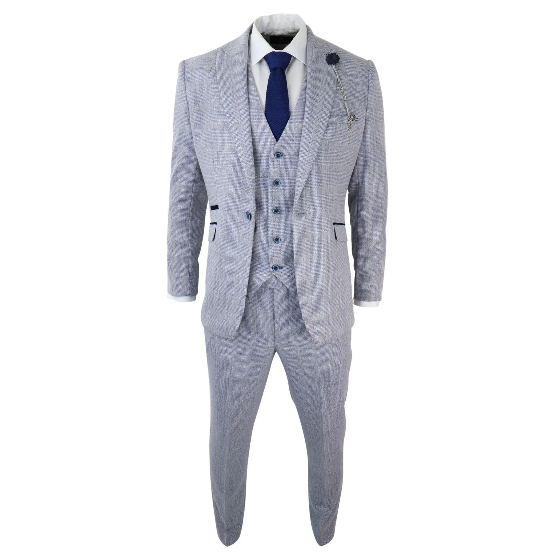 Mens 3 Piece Check Suit Tweed Light Blue Tailored Fit Wedding Peaky Classic