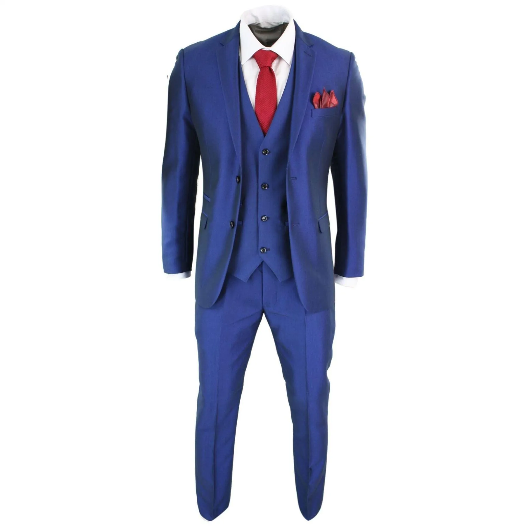 Mens 3 Piece Shiny Blue Wedding Prom Party Suit Tailored Fit Smart Formal