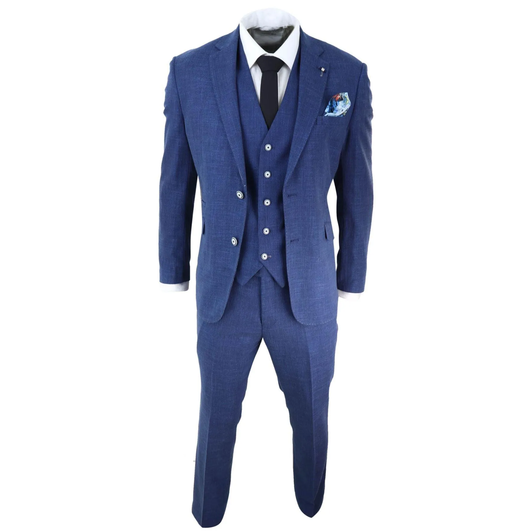 Mens 3 Piece Suit Blue Summer Linen Tailored Fit Wedding Prom Classic