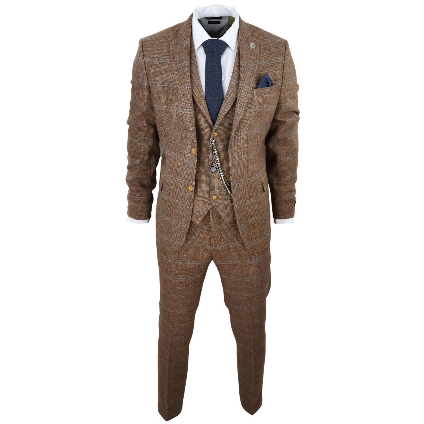 Men's 3 Piece Suit Wool Tweed Herringbone Tan Brown Blue Check 1920s Gatsby Formal Dress Suits