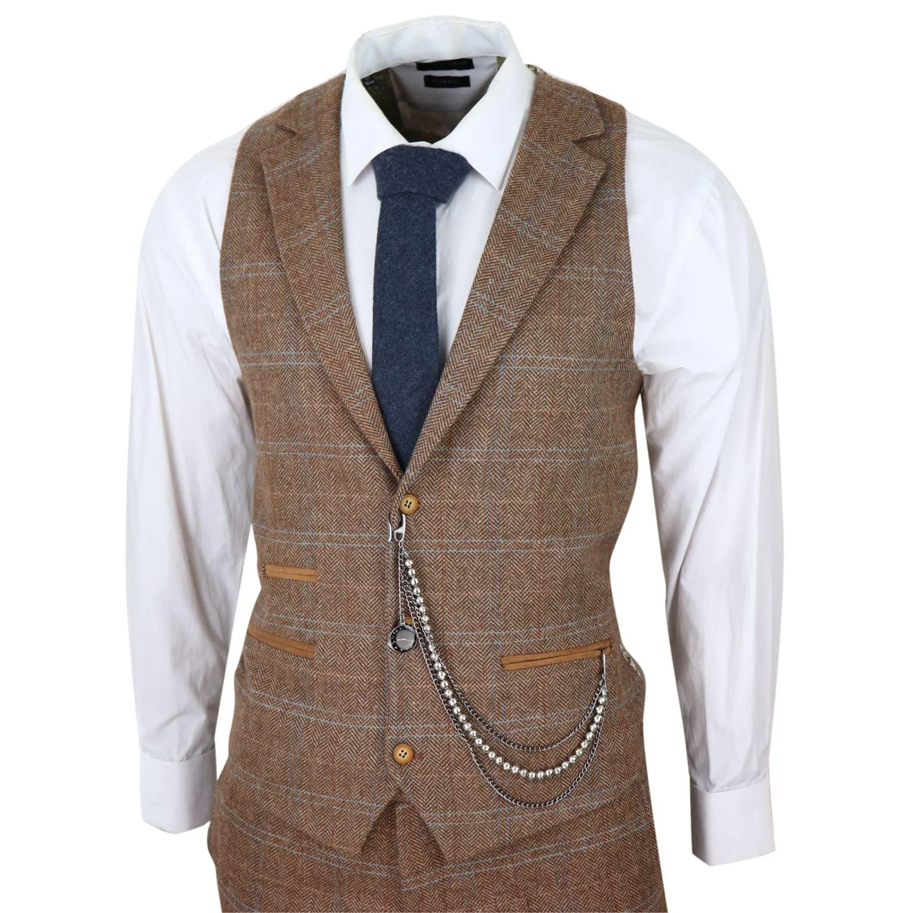 Men's 3 Piece Suit Wool Tweed Herringbone Tan Brown Blue Check 1920s Gatsby Formal Dress Suits