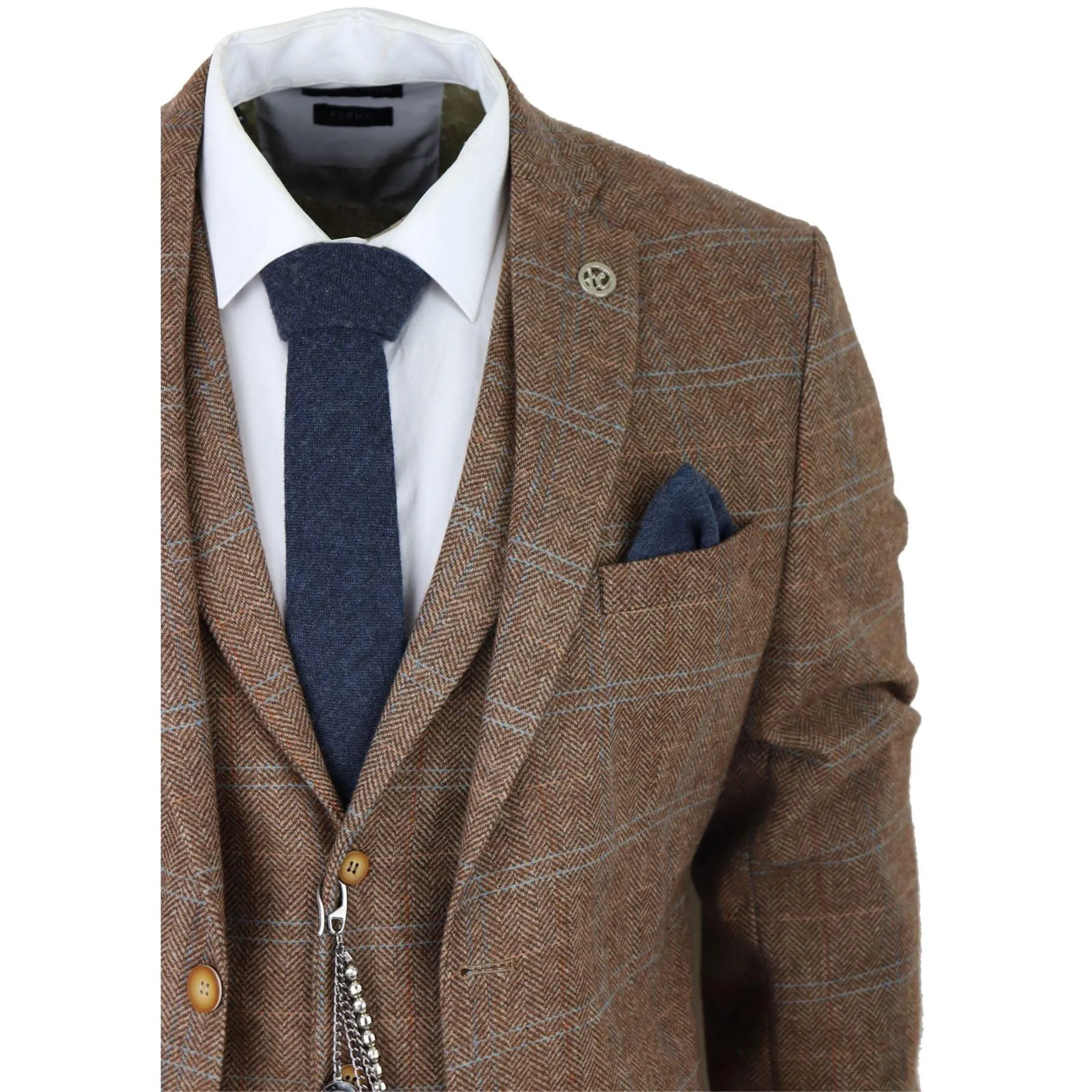 Men's 3 Piece Suit Wool Tweed Herringbone Tan Brown Blue Check 1920s Gatsby Formal Dress Suits