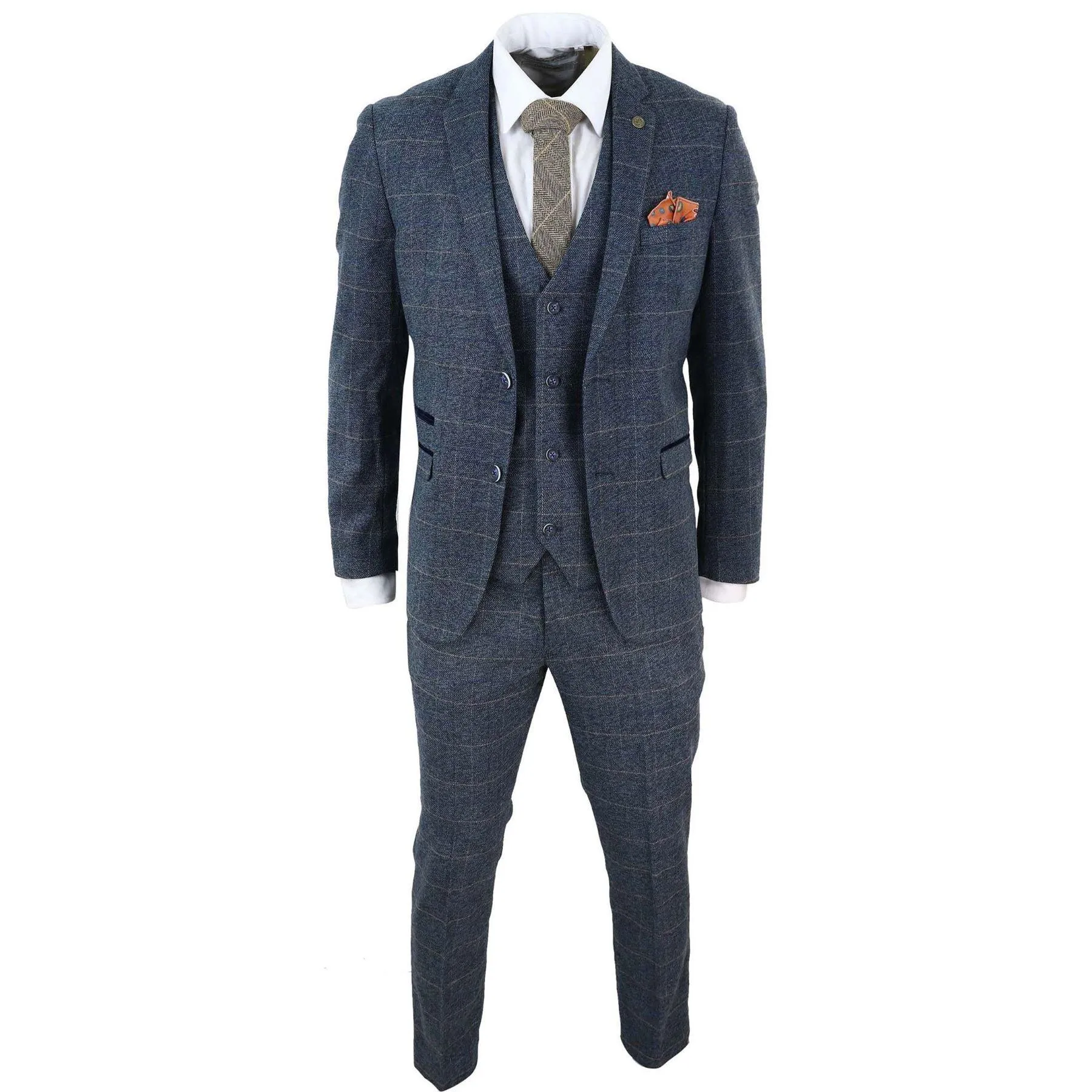 Mens Blue Check 3 Piece Suit Herringbone Tweed Vintage Tailored Fit Grey Velvet