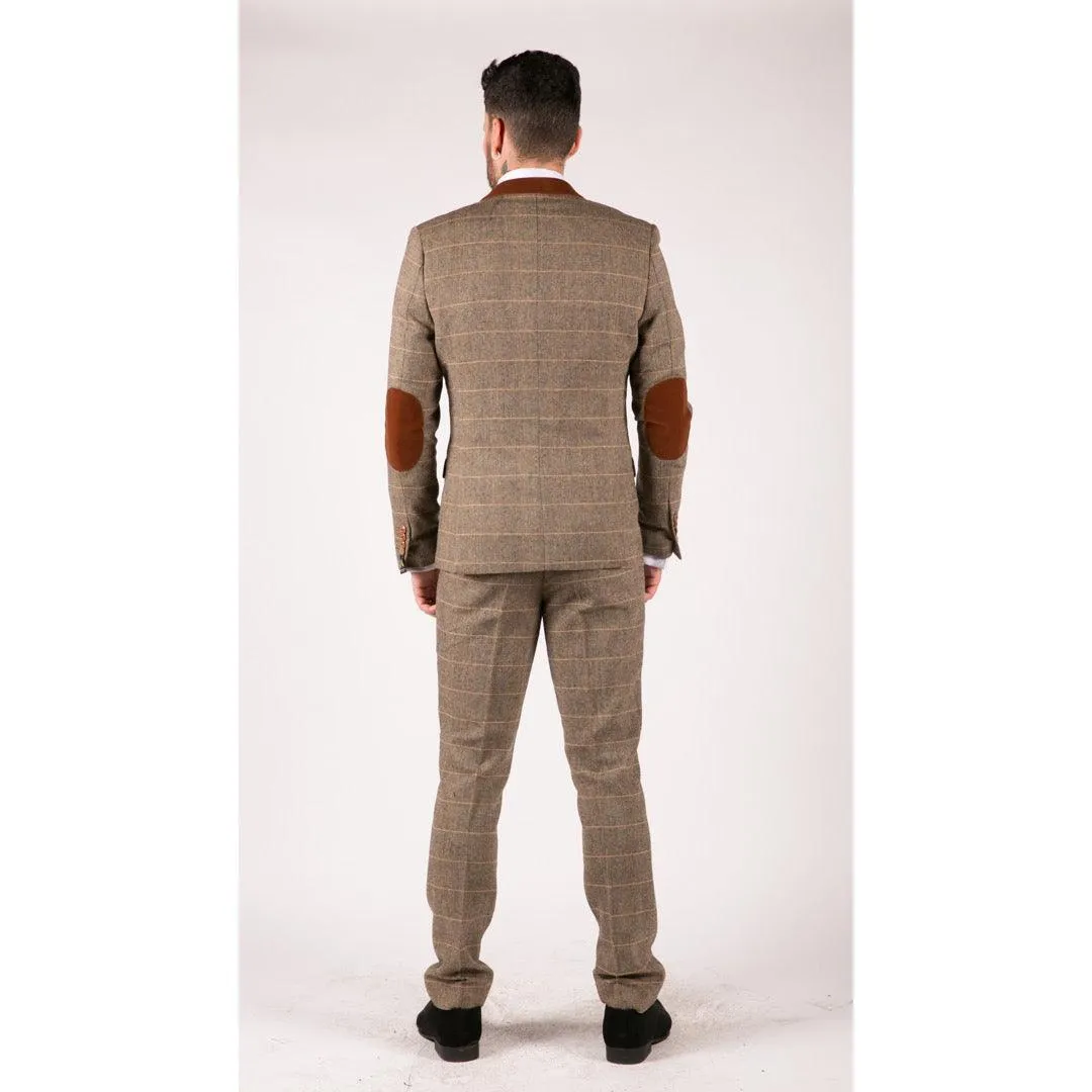 Mens Check Vintage Herringbone Tweed Tan Brown 3 Piece Suit Slim Fit Wedding