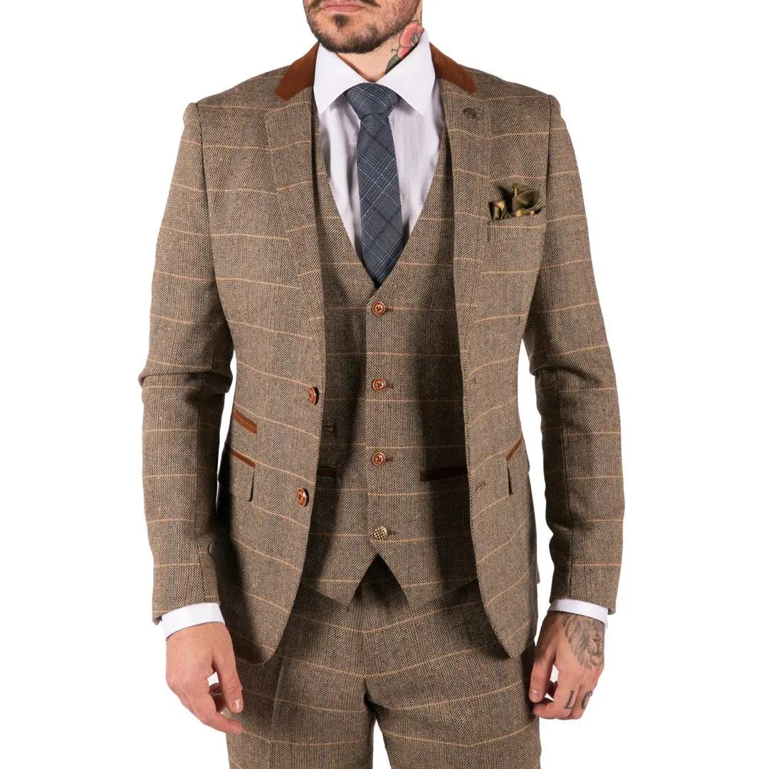 Mens Check Vintage Herringbone Tweed Tan Brown 3 Piece Suit Slim Fit Wedding