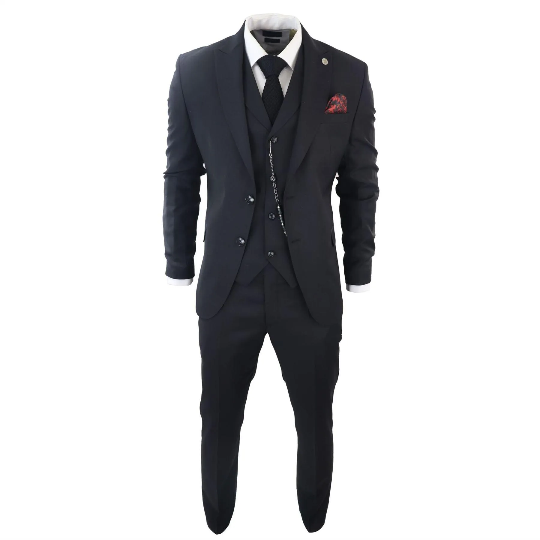 Mens Classic 3 Piece Suit Black Pocket Chain Wedding Tailored Fit Vintage Formal