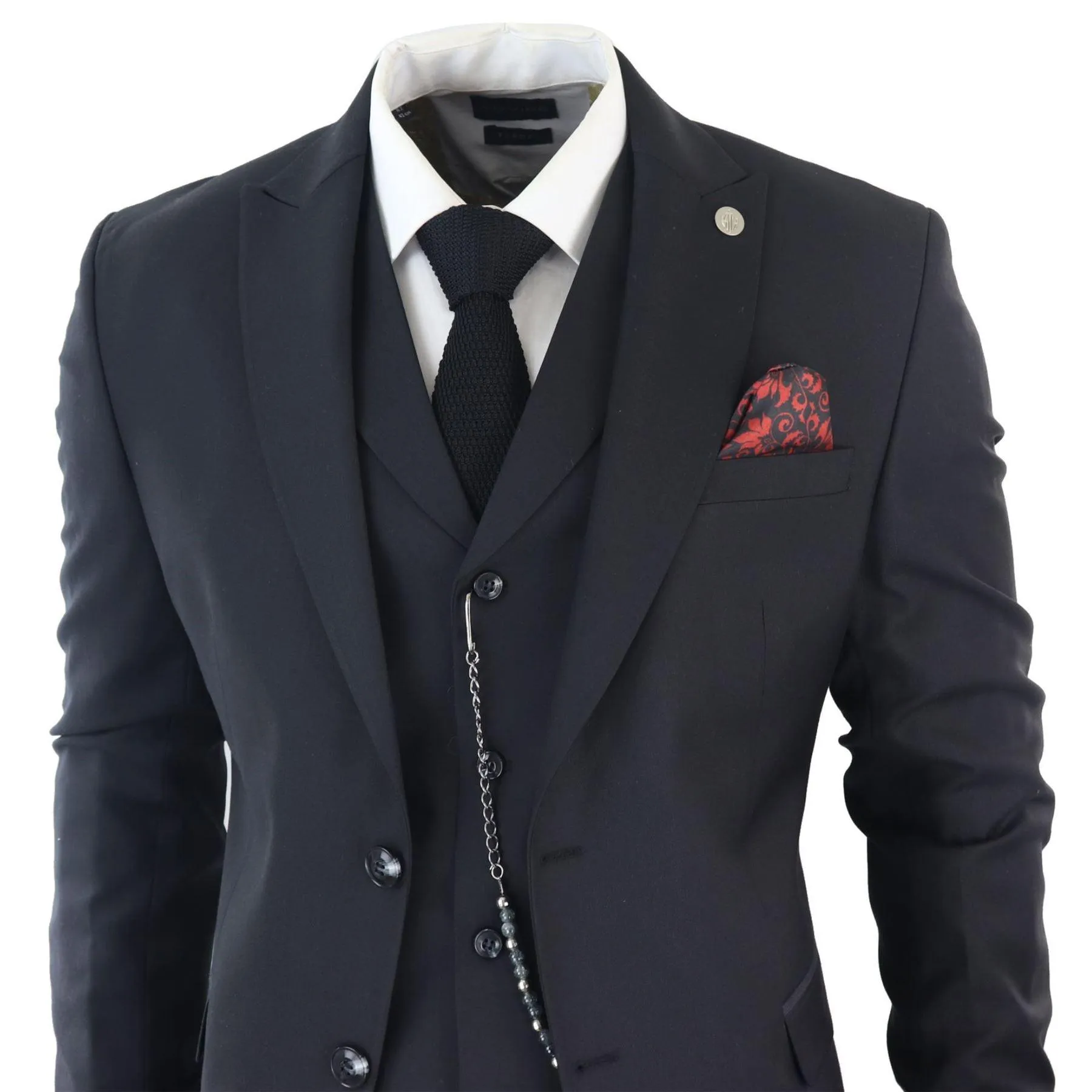 Mens Classic 3 Piece Suit Black Pocket Chain Wedding Tailored Fit Vintage Formal