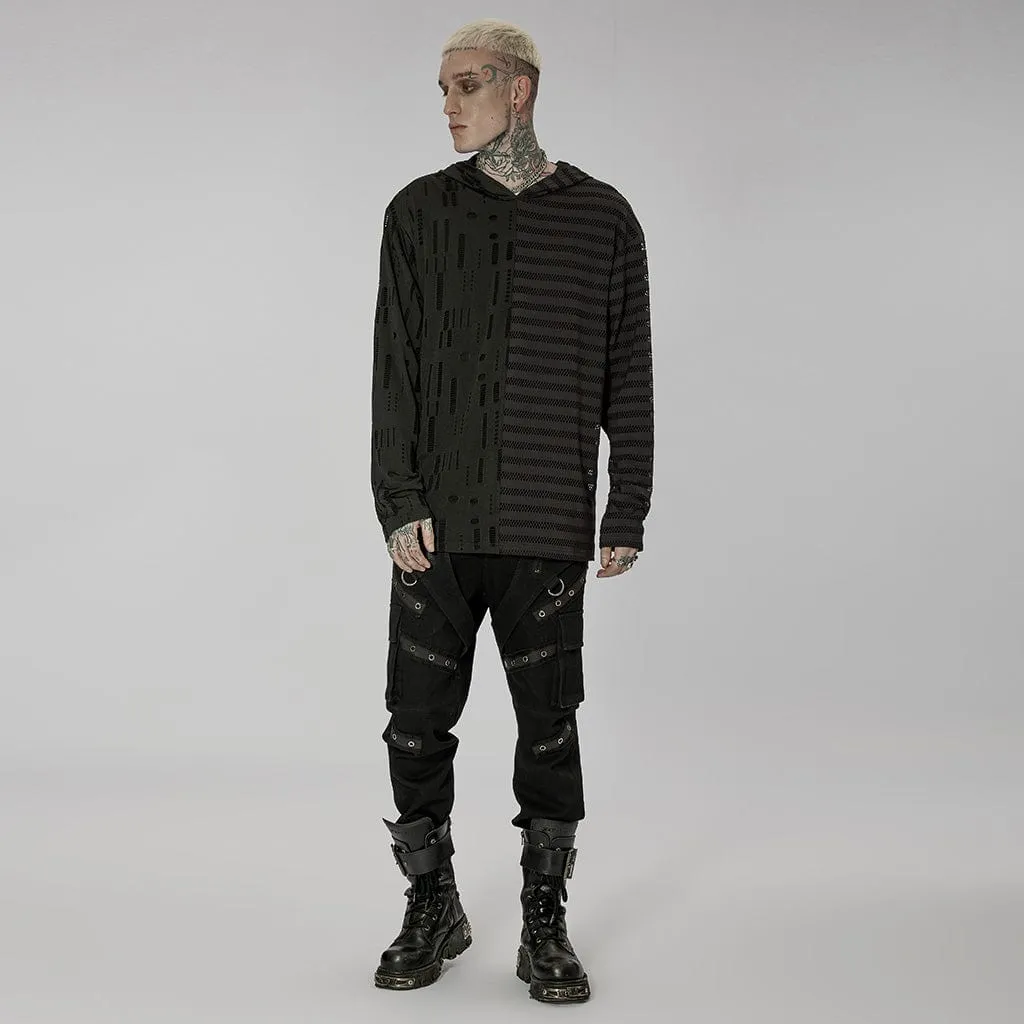 Men's Gothic Striped Splice Ripped Hoodies