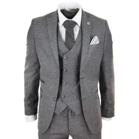 Mens Grey Wool 3 Piece Suit Double Breasted Waistcoat Tweed 1920s