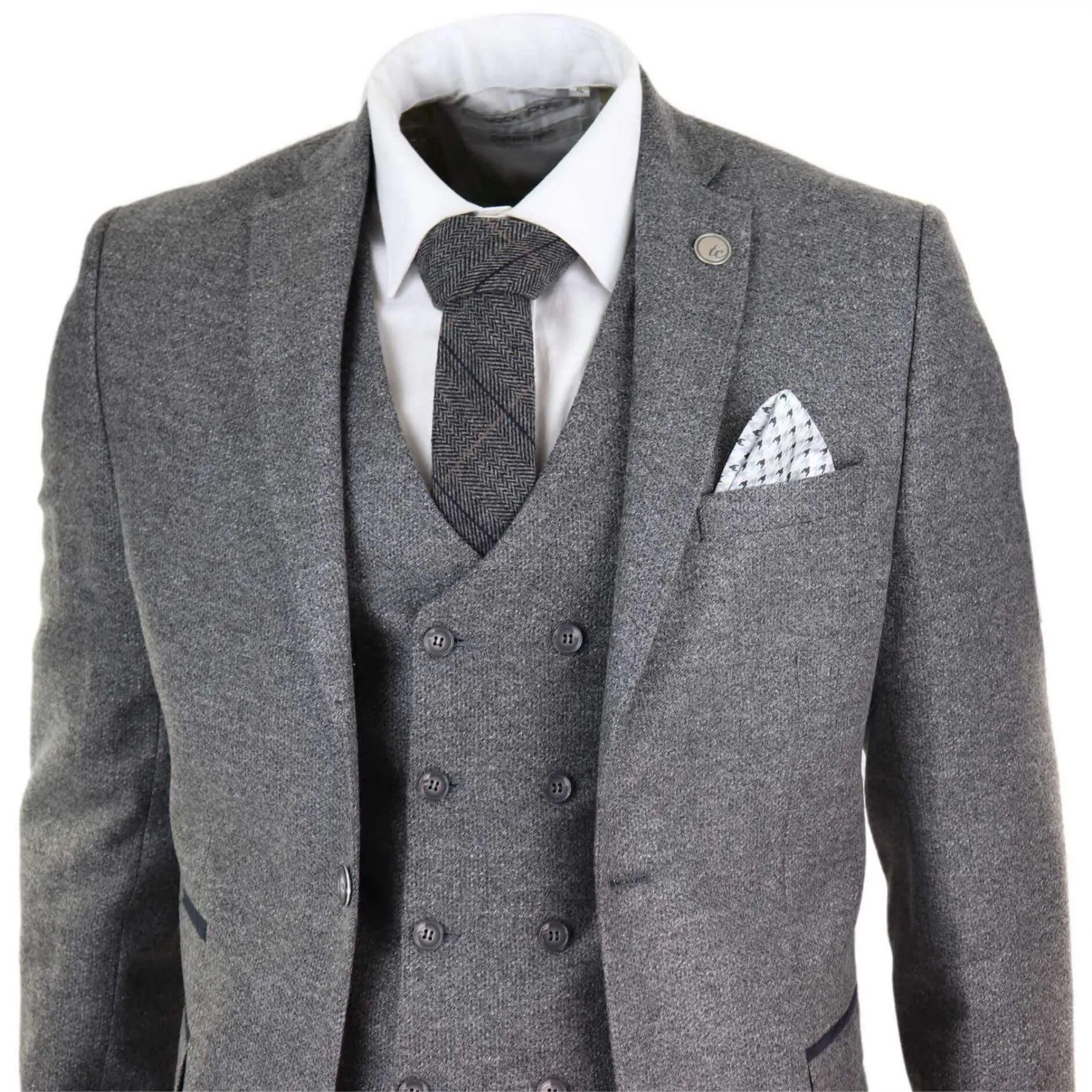 Mens Grey Wool 3 Piece Suit Double Breasted Waistcoat Tweed 1920s